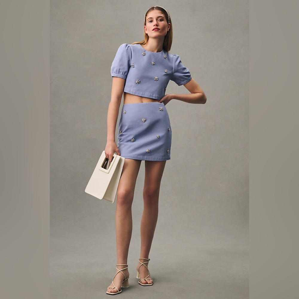 NWOT En Saison Bijou Lightweight Denim Top and Mini Skirt Set in Blue Size Small